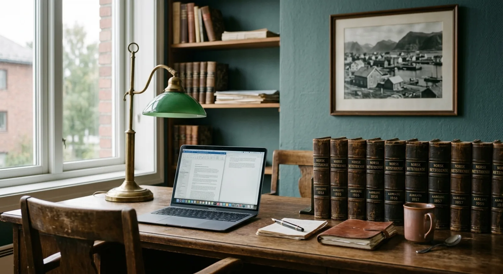 Lovsamlinger og arbeidspult på kontoret